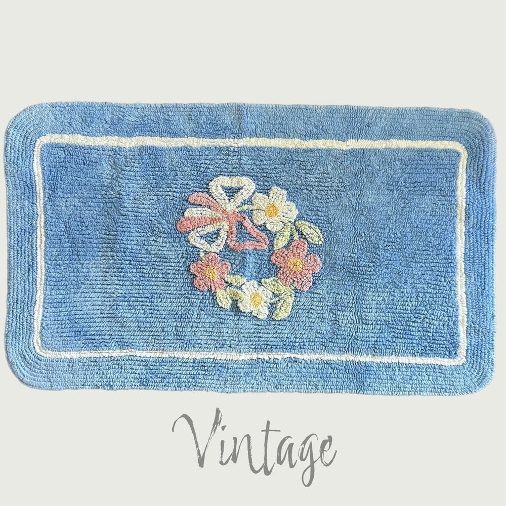 vintage 50s Martex cotton chenille bath mat rug blue floral